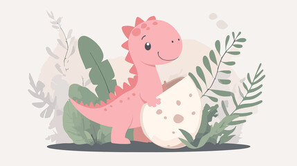 Adorable Pink Cute Dinosaur Baby Hatching from Egg Flat Vector Illustration