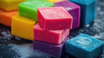 Handcrafted colorful solid shampoo bars showcasing spa and skincare concepts with vibrant hues and rich textures on a textured background