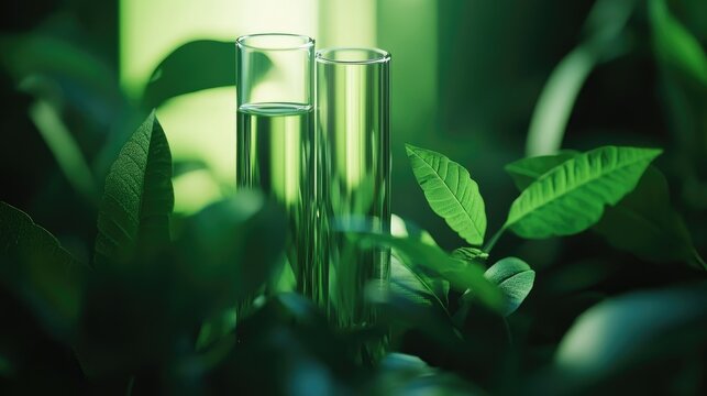 Organic plant extraction research with test tubes in a green laboratory setting showcasing biochemistry and herbal oil technology