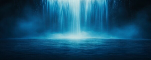 Fototapeta premium A serene waterfall cascades down into a tranquil pool, surrounded by mist and illuminated by soft blue light.