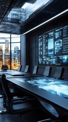 A high-tech conference room with large LED screens and comfortable seating for ten people, all surrounded by advanced tech equipment and digital displays