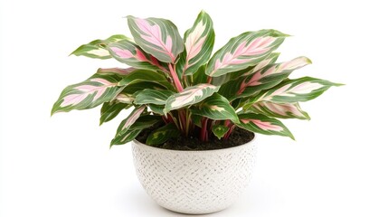 Obraz premium Stromanthe tricolor plant with vibrant green pink and white variegated leaves in a decorative white pot on a clean background