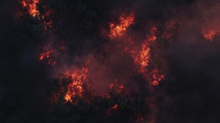 Aerial view of a forest fire with vibrant flames and smoke billowing over treetops highlighting the impact of wildfires in natural environments