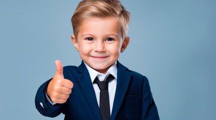 Smiling young boy in navy suit confidently gives thumb up portrait image. Business style optimistic youth picture photorealistic photography. Leadership potential concept photo realistic