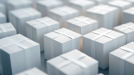 White delivery parcels arranged in rows illustrating the shipping industry related to online shopping and e-commerce logistics concepts.