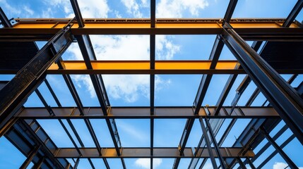Steel framework of a modern construction project against a clear blue sky showcasing industrial architecture and engineering innovation