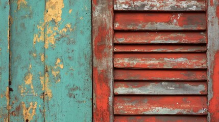 Rustic vintage wooden shutters with peeling paint in vibrant teal and red colors, showcasing age and character in a weathered surface.