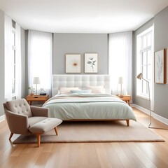 Modern Luxury Bedroom Interior with Elegant Grey Bed, Wooden Nightstands, and Minimalist Decor