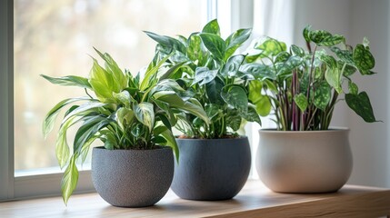 Obraz premium Stylish home interior featuring decorative indoor plants on a wooden windowsill enhancing the ambiance and design aesthetic.