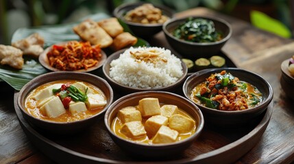 Obraz premium Traditional Indonesian Sayur Lodeh with rice and assorted side dishes presented in bowls on a wooden tray for a culinary experience