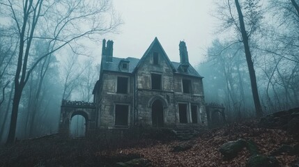 Mysterious abandoned mansion shrouded in fog surrounded by trees in an eerie forest setting