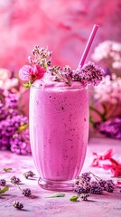 Delightful pink smoothie garnished with fresh flowers against a dreamy floral backdrop