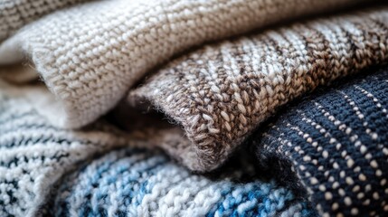 Textured close-up of cozy knitted fabric layers in neutral tones showcasing craftsmanship and warmth for textile and fashion design concepts.