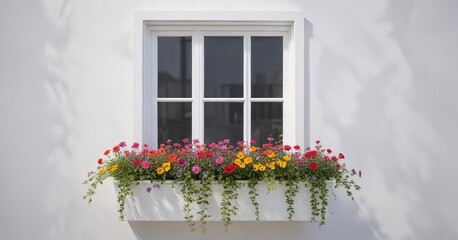 Window box with vibrant flowers against white wall with frame mockup, outdoor, floral arrangement, botanical, fresh, garden