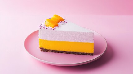 Minimalistic mousse cake slice featuring tropical flavors on a pastel pink background with vibrant mango and coconut presentation