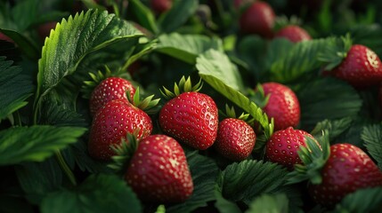 Fresh ripe strawberries nestled among green leaves in a vibrant, natural setting showcasing their rich color and texture.