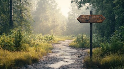 Wooden directional signpost along a serene forest trail surrounded by lush greenery and soft sunlight filtering through the trees.