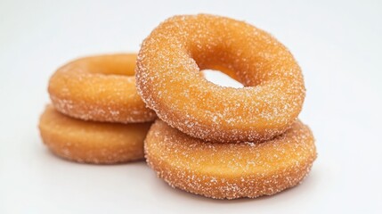 Freshly glazed donuts arranged in a stack showcasing their sugary texture against a clean white background