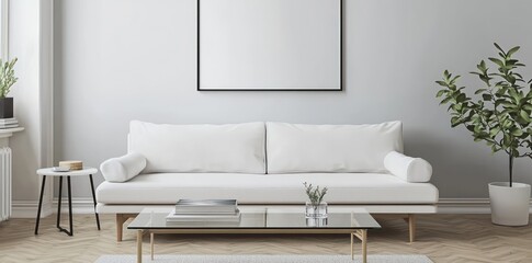 A modern Scandinavian room featuring a white sofa, a sleek glass coffee table, a forward-tilted 3D mockup poster frame, and promotional displays.