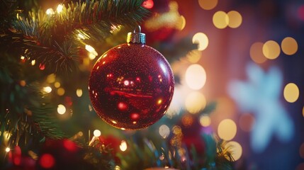 Fototapeta premium Red Christmas ornament on a decorated tree with bokeh lights.