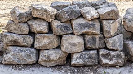 Fototapeta premium Stacked natural stones arranged for construction purposes creating a durable and aesthetic foundation for landscaping projects