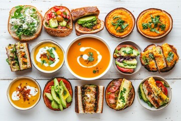 Overhead shot of assorted gourmet sandwiches and creamy soups.