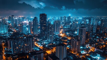 Urban cityscape at night showcasing social media engagement and analytics with futuristic digital data connections and technology integration