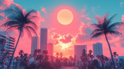 Miami Summer Vibes retro illustration. Vintage pink and blue colors