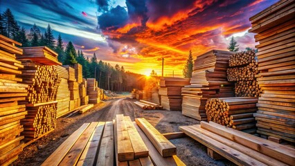 Double exposure artistry: stacked lumber merges with nature's beauty, creating stunning woodworking photography.