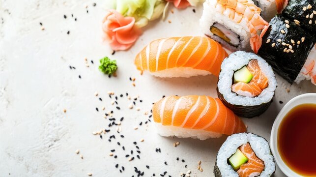 Delicious salmon sushi assortment with fresh ingredients on a light background showcasing vibrant colors and textures for culinary appeal