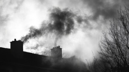 Naklejka premium Smoke Rising from Chimneys Against a Dramatic Sky in Black and White Atmosphere of Fire Incident and Environmental Concerns