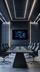 Fototapeta premium A high-tech conference room with large LED screens and comfortable seating for ten people, all surrounded by advanced tech equipment and digital displays