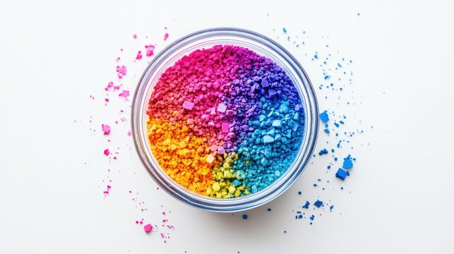Vibrant colored masterbatch granules in a laboratory container showcasing a spectrum of hues for polymer pigment applications and design.