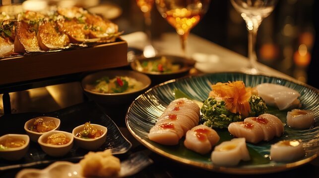 Elegant scallop dish showcasing Asian fusion cuisine in a fine dining setting with gourmet appetizers and exquisite presentation.