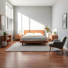 Modern Luxury Bedroom Interior with Elegant Grey Bed, Wooden Nightstands, and Minimalist Decor