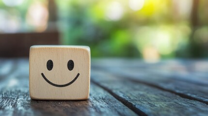 Smiling wooden cube on a table representing positive feedback for World Mental Health Day concept and customer satisfaction review