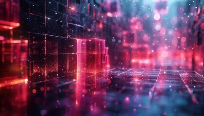 A futuristic cityscape with a red cube in the middle