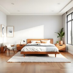 Modern Luxury Bedroom Interior with Elegant Grey Bed, Wooden Nightstands, and Minimalist Decor