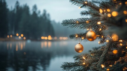 A serene winter scene featuring a decorated Christmas tree by a misty lake, with soft lights reflecting on the water and a backdrop of evergreen trees.