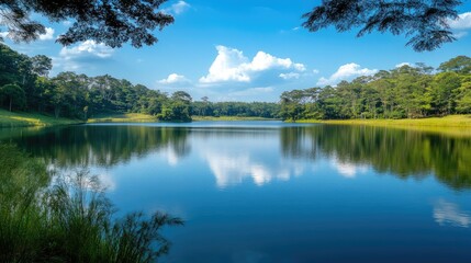 Fototapeta premium Tranquil Lake Surrounded by Lush Greenery Under a Clear Blue Sky Reflection in Calm Water