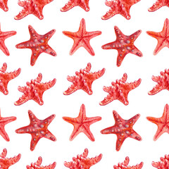Pattern of starfish from the series sea creatures underwater world in watercolor. Asterias Rubens in reddish with a central disk and five arms. The common Starfish, common Sea Star or Sugar Starfish