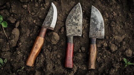 Traditional handcrafted sickle knife hoes displayed on rich soil showcasing artisanal metalwork and rustic agricultural tools.