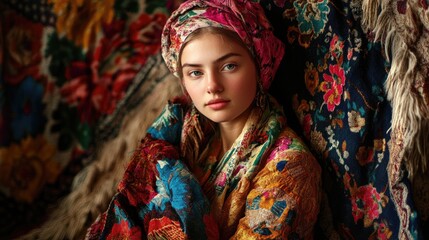 Fototapeta premium Traditional Russian folk art portrait with colorful handmade textiles showcasing cultural heritage against a studio backdrop