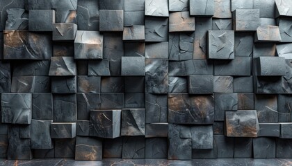 A wall made of black blocks with a rough texture