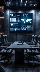 A high-tech conference room with large LED screens and comfortable seating for ten people, all surrounded by advanced tech equipment and digital displays
