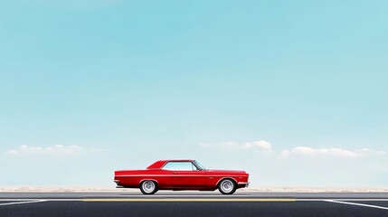 A striking red car driving on an empty road under a clear blue sky.