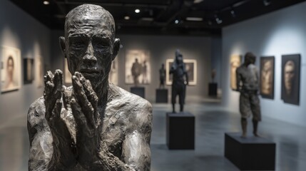 Bronze sculpture in modern art gallery.