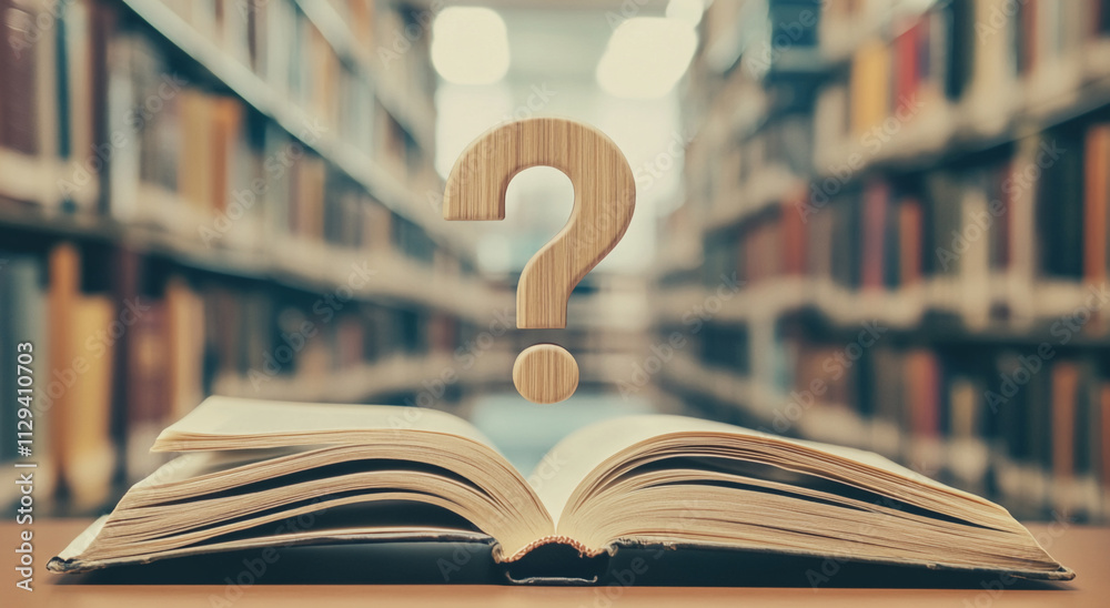 Aufkleber open book with a question mark inside a library filled with shelves of books