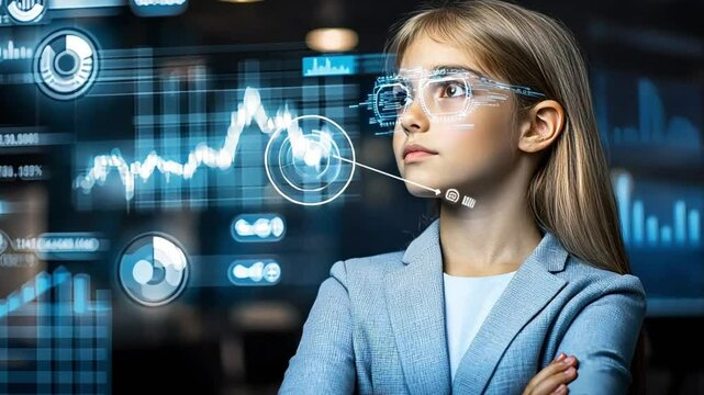 An executive female in a tailored suit, standing amidst a holographic display of real time stock market information and data visualizations