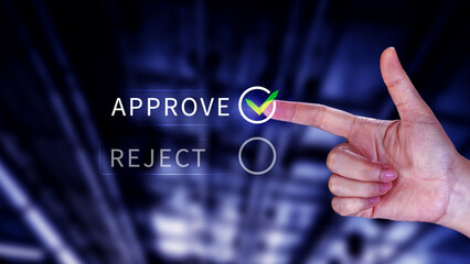 Approve or reject guarantee concept, Approved, accept, pass inspection, tick correct mark to approve document and project, Management, examine, business, survey, tick, certification.